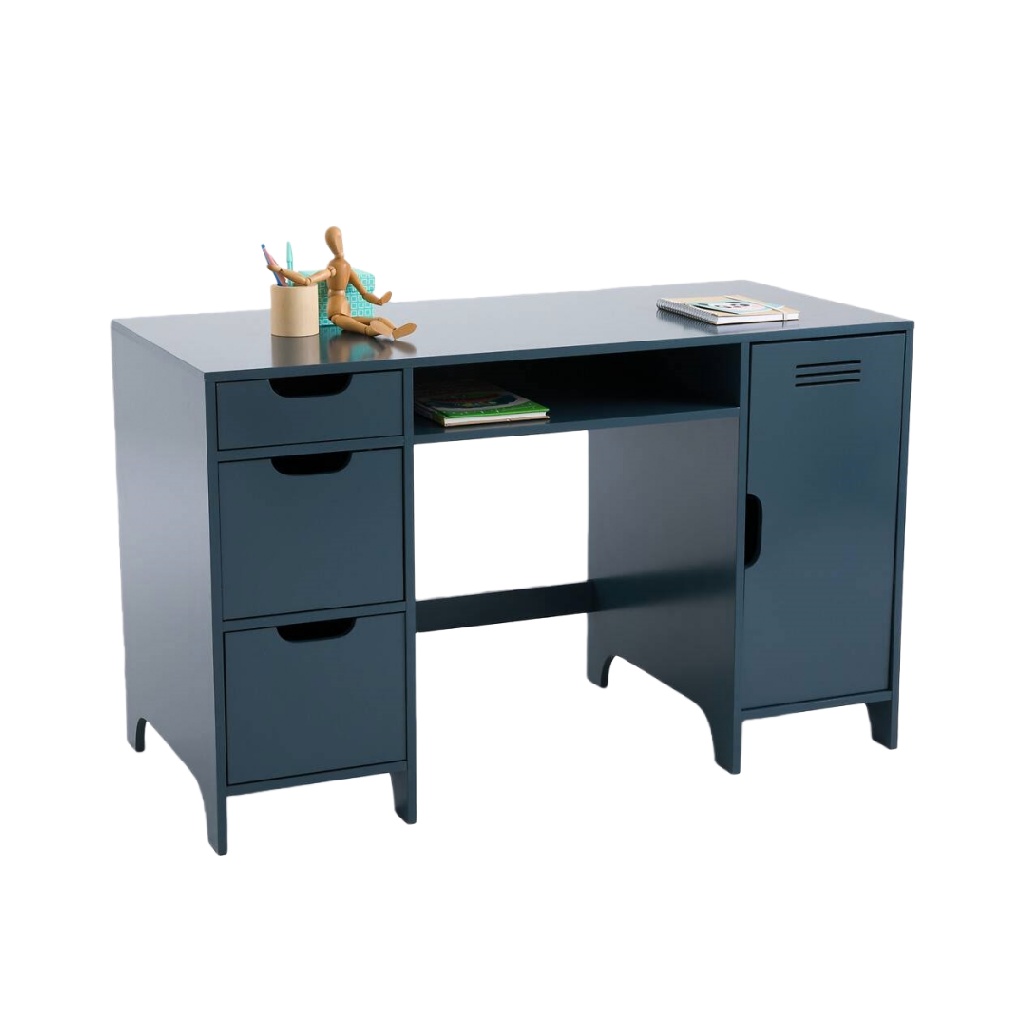 Bureau bleu acier avec rangements — 3 tiroirs et 1 armoire latérale