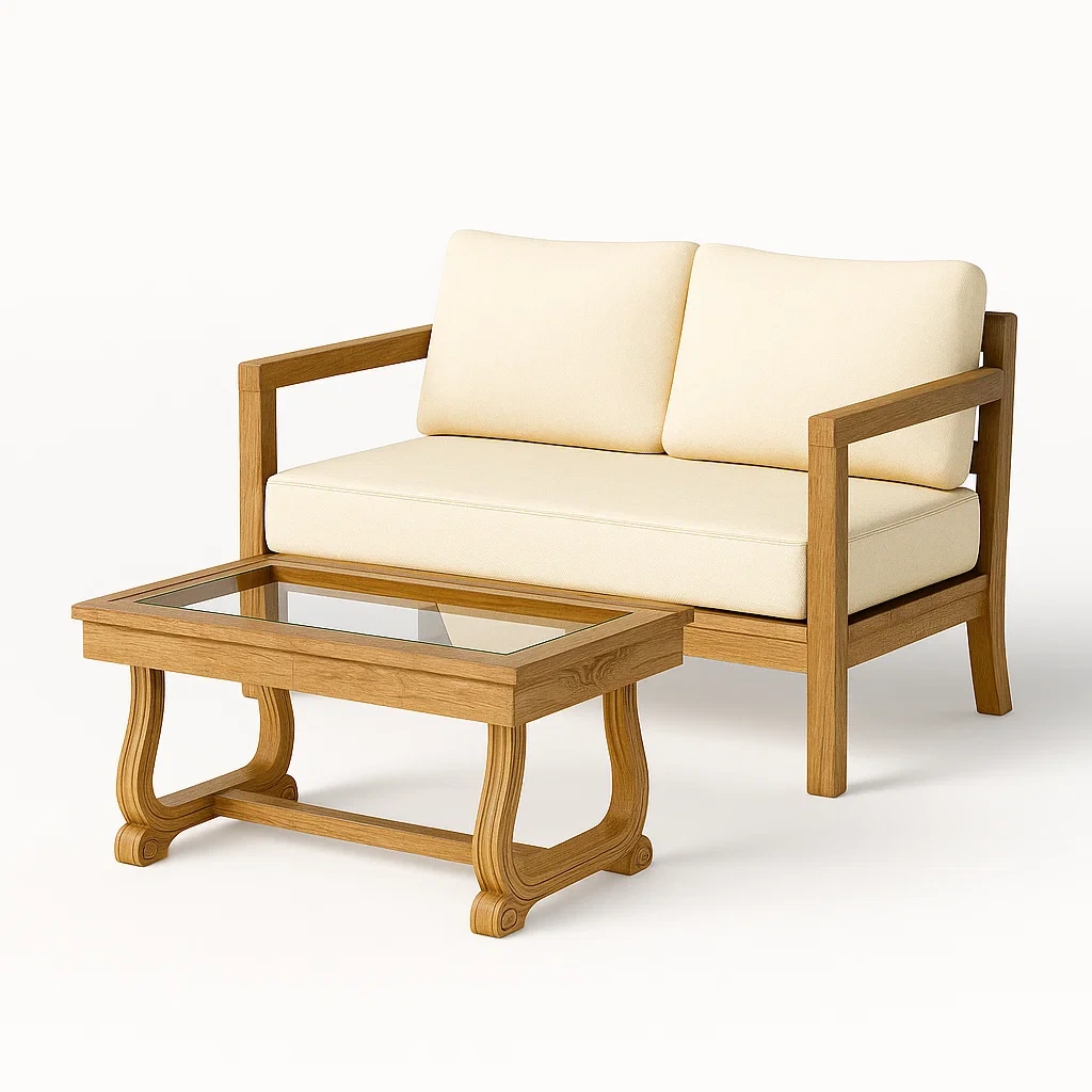 Salon de réception avec canapé 2 places en bois et tissu et table basse en verre