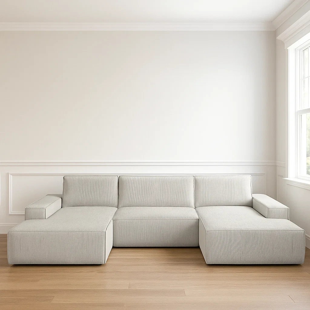 Canapé panoramique convertible beige velours polyester salon - L 358 x P 167 x H 85 cm