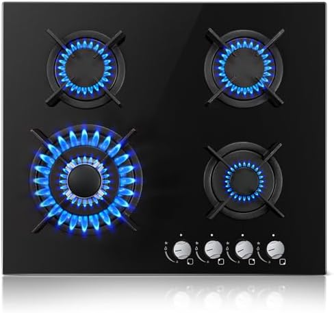 TopStrong Plaque de Cuisson Gaz 4 Feux, 60cm Plaque Gaz 4 Feux avec Sécurité Thermocouple, Cuisinière Encastrable, Naturel/Propane, 8060W, 220 240 V, Verre Noir : Gros électroménager