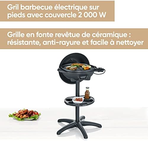 SEVERIN Barbecue électrique 2 000 W avec grille en fonte d'aluminium, Barbecue sur pieds avec couvercle et thermomètre intégré, eBBQ avec grande surface de cuisson lisse et rainurée, Noir, PG 8541 : Jardin