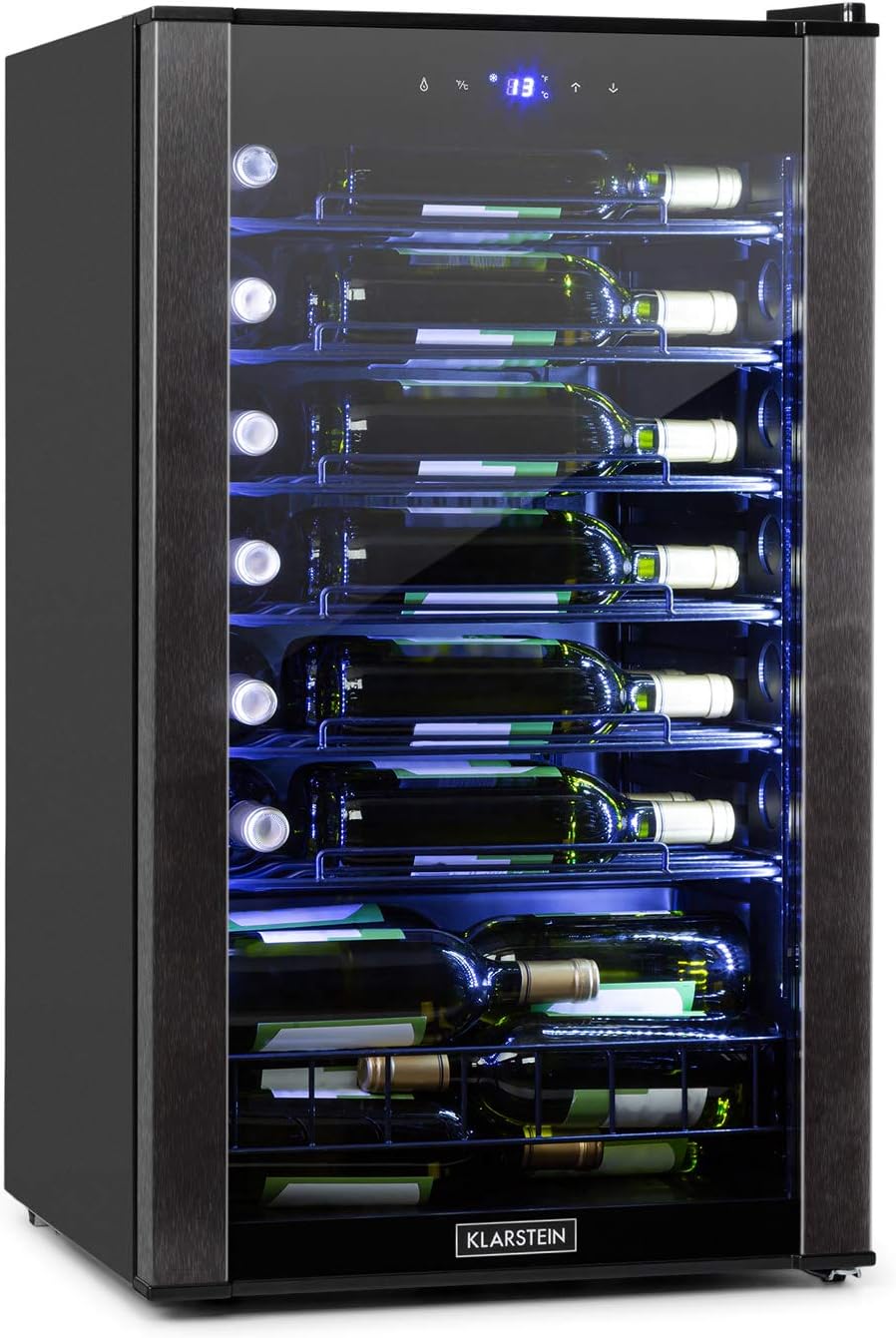 Klarstein Vinomatica - Cave à vin, Compacte, Capacité de 95L, 36 bouteilles, Porte panoramique, Cadre en acier inoxydable noir, Eclairage intérieur, 6 tablettes amovibles, Réglable de 4 à 18°C, Noir