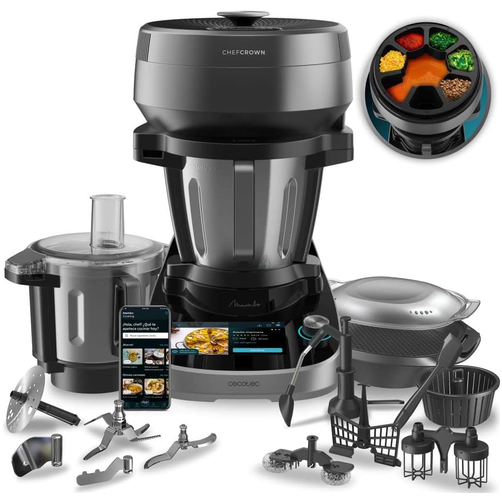 Cecotec Robot de Cuisine Multifonction avec Distributeur d'Aliments Mambo CooKing Total Gourmet. 2200 W, 45 Fonctions, Recettes Guidées, Récipient Unique 5L, Récipient Victory 5L, Accessoires : Cuisine et Maison