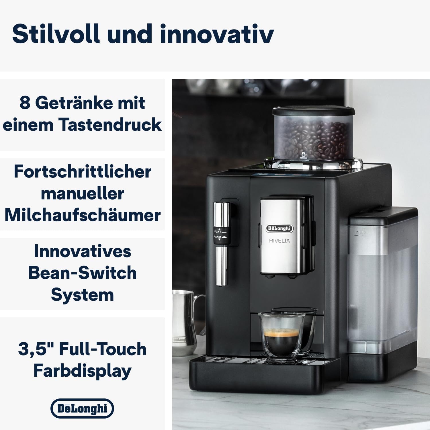 De'Longhi Rivelia EXAM440.35.B, Machine À Café Grain Automatique, Grains Fraîchement Moulus, Bac à Grains Interchangeable, Buse Vapeur Lait Classique, 8 Recettes, Écran Tactile Couleur, Noir