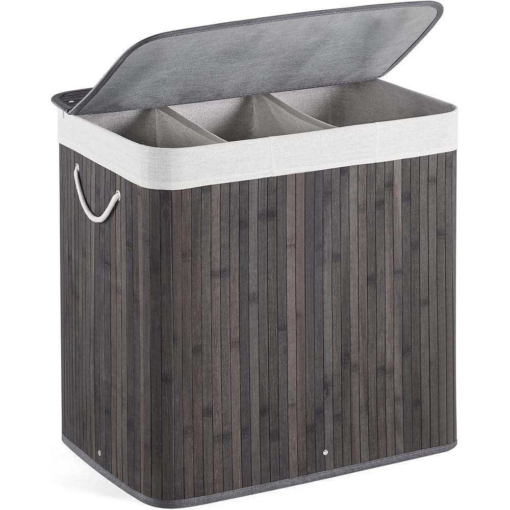 Mondeer Panier à Linge 150L avec Couvercle, 3 Compartiments，Corbeille en Bambou Naturel Boîte de Rangement à Linge Pliable avec Couvercle Amovible pour Buanderie, Chambre, 61.5 x 40 x 60 cm, Gris : Cuisine et Maison