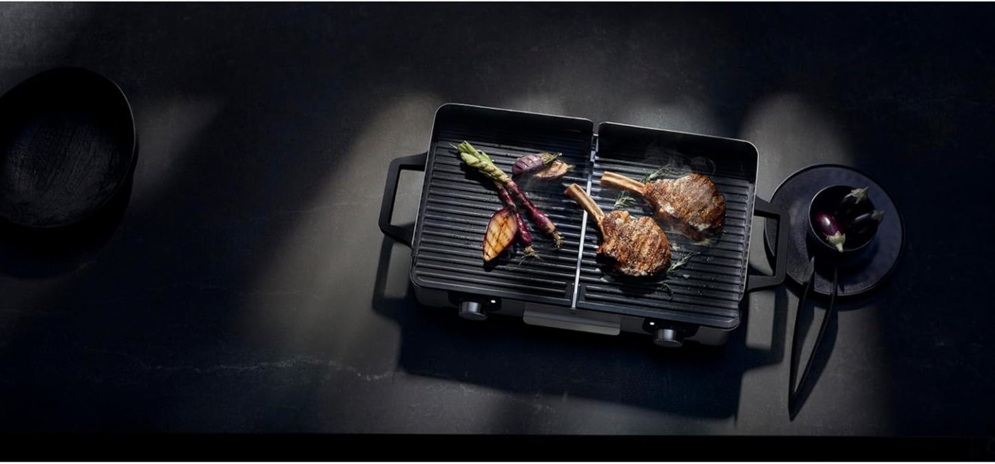 WMF Lono Master-Grill, Elektrogrill, 50x28 cm, Elektrogrill Tischgrill mit Windschutz und Auffangschale, Outdoorzertifiziert für Barbecue, 2 getrennt regulierbare Grillflächen, 2400 W, edelstahl matt
