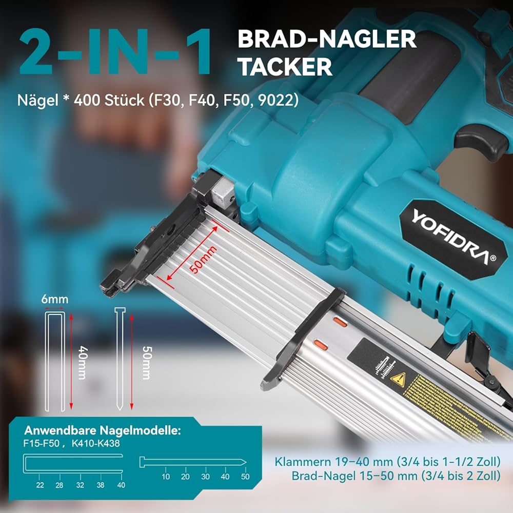 Yofidra Agrafeuse 2 en 1 sans fil - 20 V Agrafeuse Cloueuse électrique sans balais avec batteries 2x3.0Ah, réglage de la profondeur, lumière LED, avec 300 clous et 100 pinces, pour le travail du bois : Bricolage