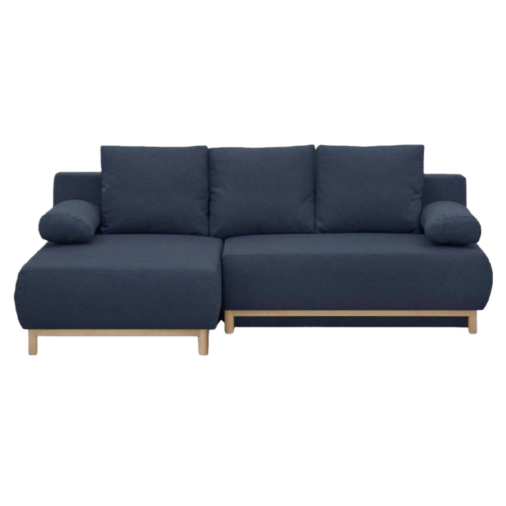 Canapé d’angle 4 places en tissu bleu marine avec base bois