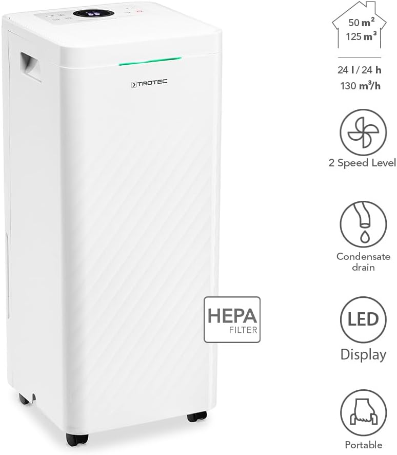 TROTEC Déshumidificateur-purificateur d'air design TTK 64 HEPA | filtration HEPA | Pour pièces de 50 m²/125 m³ max. | Capacité de déshumidification max. de 24 litres/24 heures