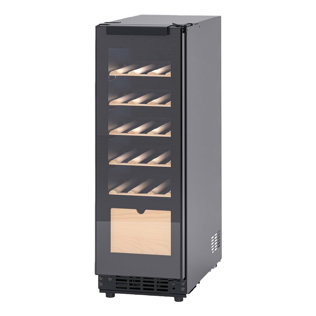 Cave à vin compacte, porte vitrée, étagères en bois, noir