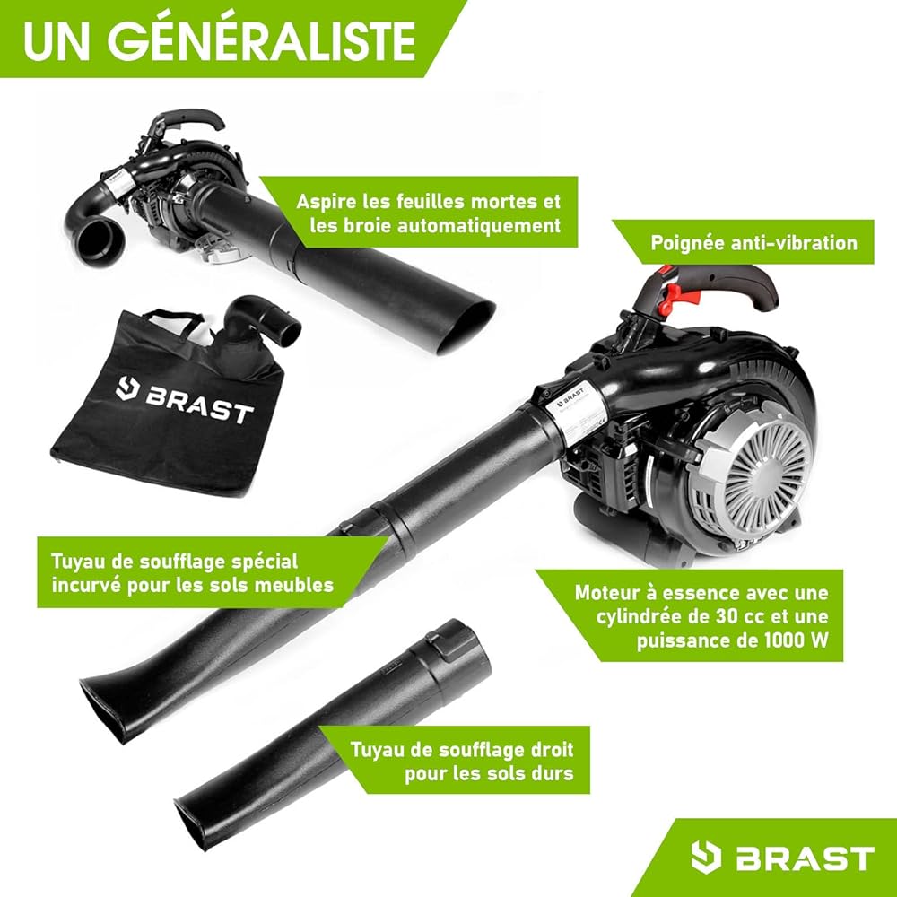 BRAST Souffleur, aspirateur, broyeur therrmique 1000W 30cc vitesse de soufflage 265km/h 1,36cv 9.000 trs/min sac 55l, anti-vibrations, sangle réglable, 4en1 : Jardin