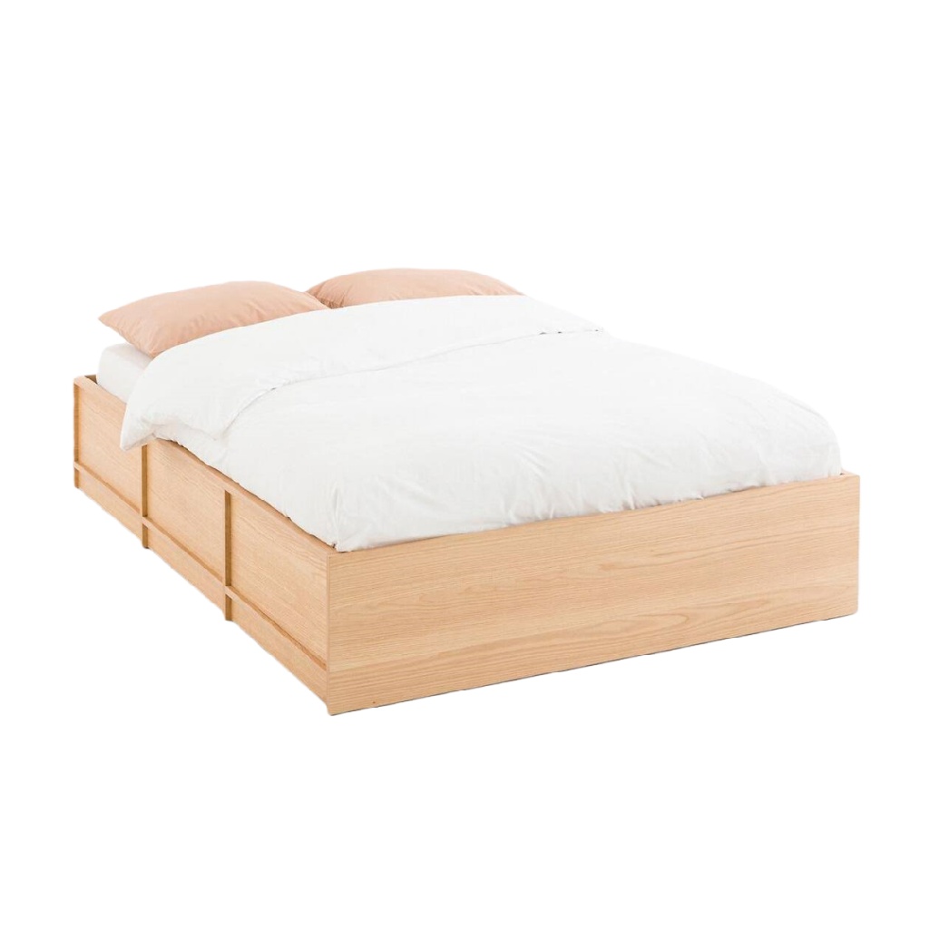Lit double en bois naturel avec tiroirs de rangement — Design minimaliste