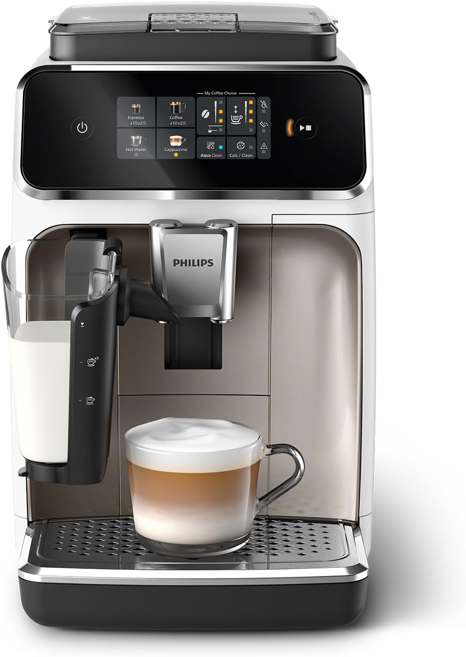 Philips 2300 Serie Vollautomatische Espressomaschine - 4 Getränke, modernes Farb-Touchscreen-Display, LatteGo-Milchsystem, SilentBrew, Keramikmahlwerk, AquaClean-Filter. Weißes Chrom (EP2333/40)