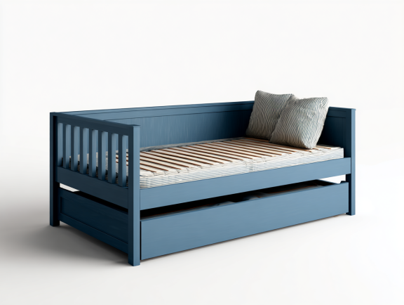 Lit de jour bleu avec tiroir de rangement extensible et tête de lit horizontale