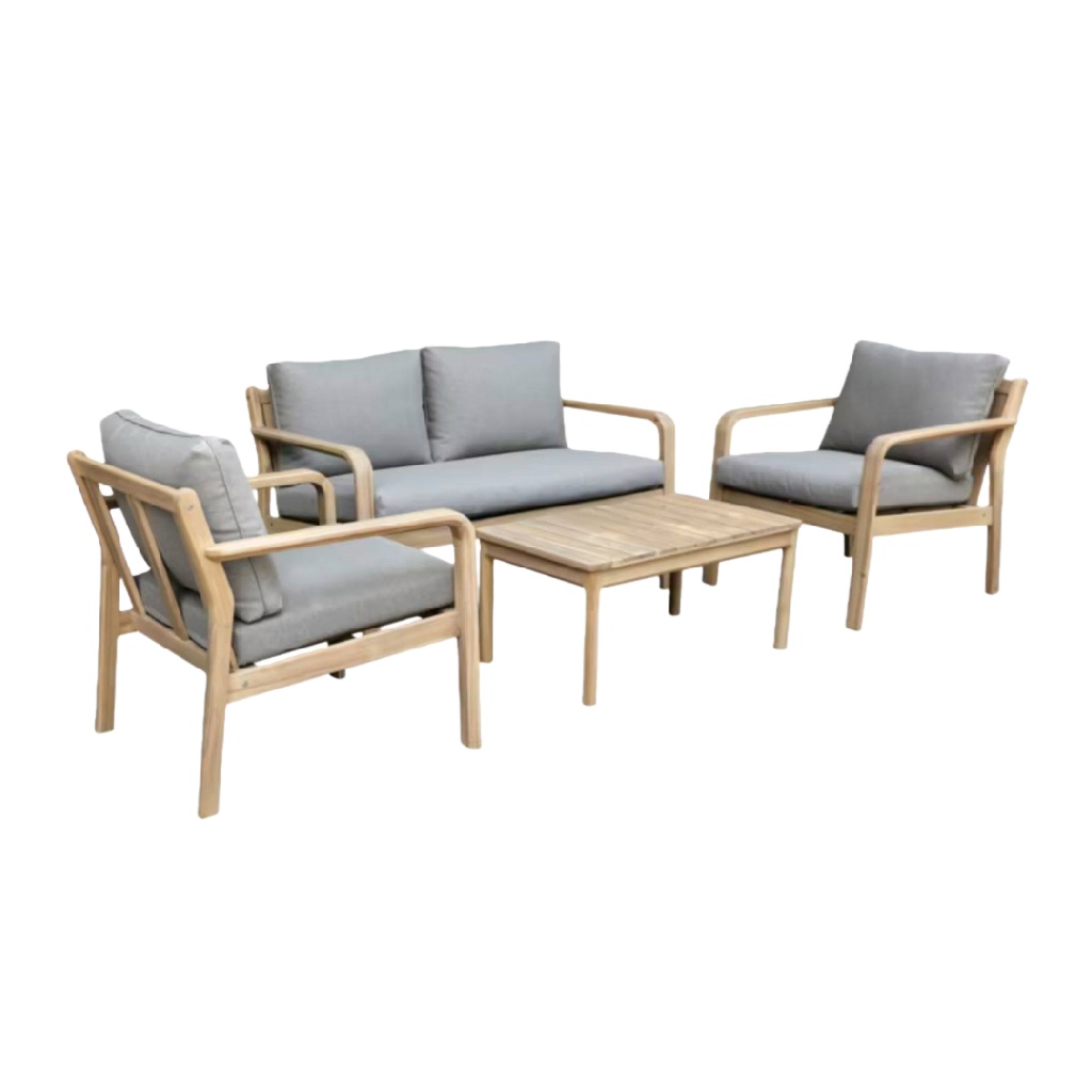 Salon de jardin 4 pièces en bois naturel et coussins gris, canapé + 2 fauteuils + table basse