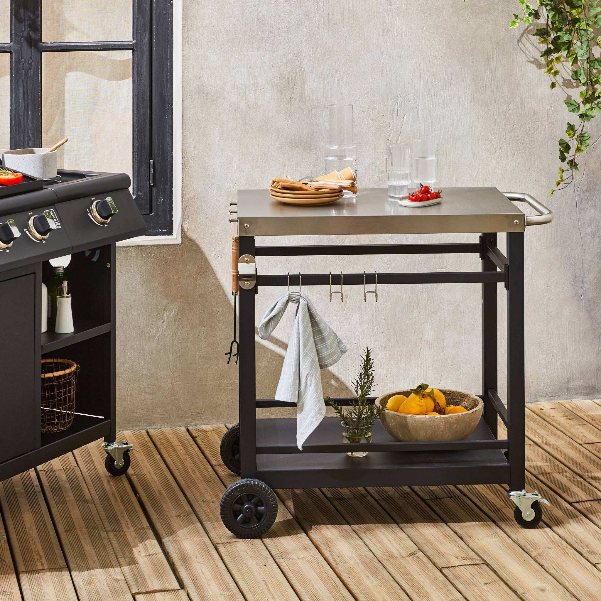 Alice’s Garden – Desserte de Barbecue en Acier 88 cm avec Roues et poignée. Noir. L 88 x l 58 x h 82.8cm