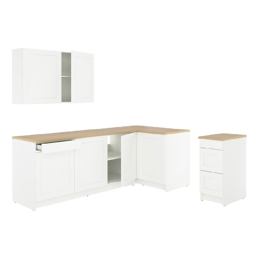 Ensemble de meubles de cuisine en L, blanc et bois clair, plan de travail inclus