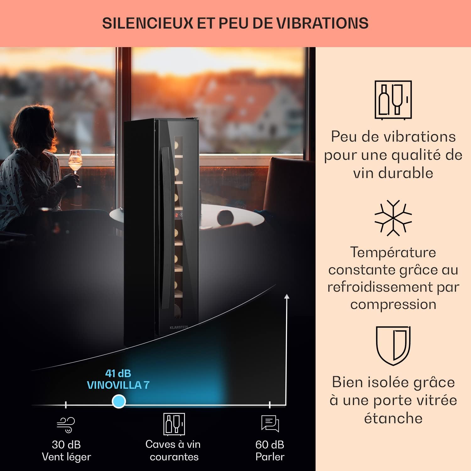 KLARSTEIN 20L Cave a Vin Encastrable de Vieillissement avec une Porte en Verre, Cave a Vins à Zone Unique, Bar Intérieur/Extérieur, Frigo Vin, Mini Cave à Vin 7 Bouteilles