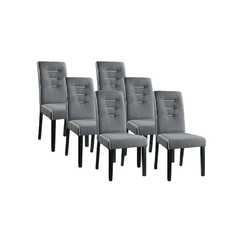 Lot de 6 chaises de salle à manger en tissu gris avec dossier capitonné et pieds en bois noir