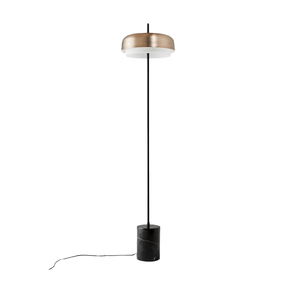 Lampadaire en métal noir avec base en marbre et abat-jour doré