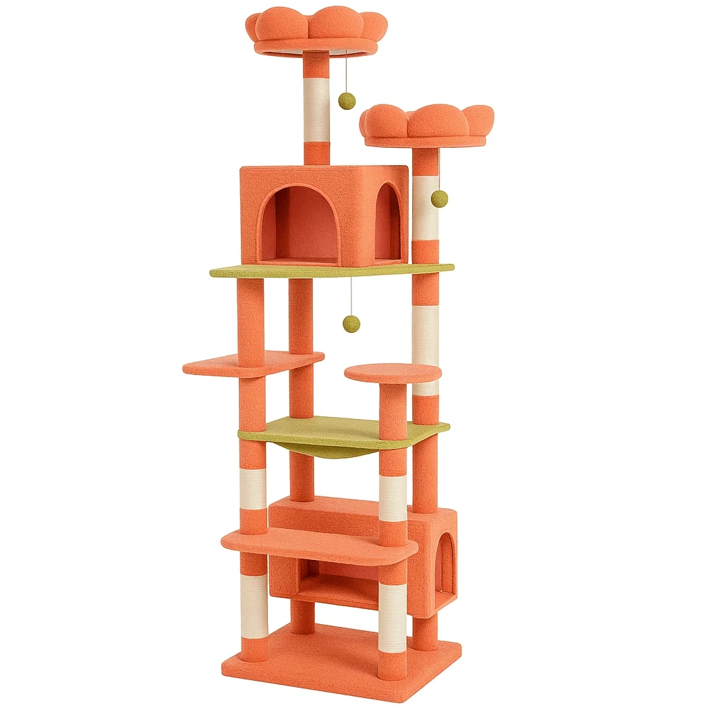 Arbre à chat en bois avec revêtement en peluche orange/vert