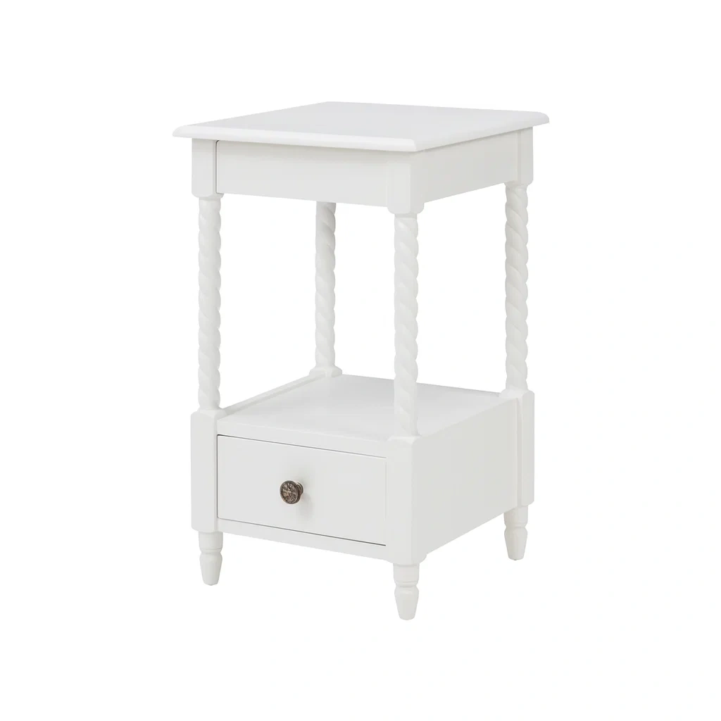 Table de chevet en bois blanc avec tiroir et étagère