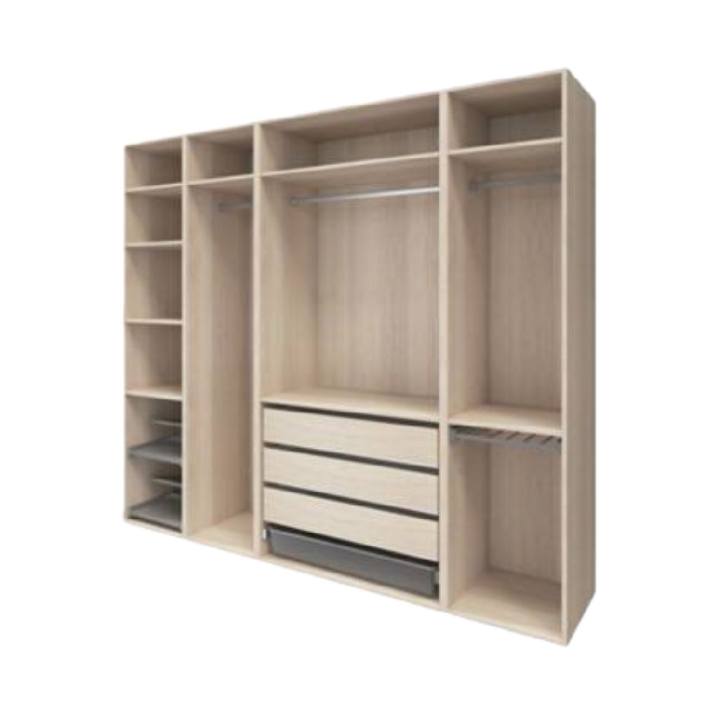 Dressing modulable en chêne clair – 3 colonnes avec tiroirs et penderies – rangement ouvert 200×60×220 cm