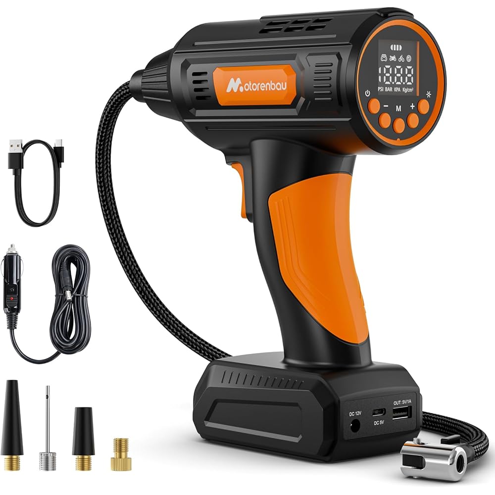 Motorenbau Gonfleur Pneus Voiture Numérique Portable,120W Compresseur d'air,Pompe à Air Alimentée par Batterie 12V,avec lumière LED,manomètre numérique,pompe à air rapide : Bricolage