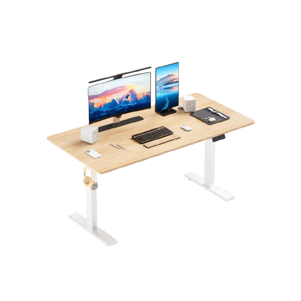 Bureau assis-debout électrique – plateau en bois clair – structure blanche – hauteur réglable – ergonomique