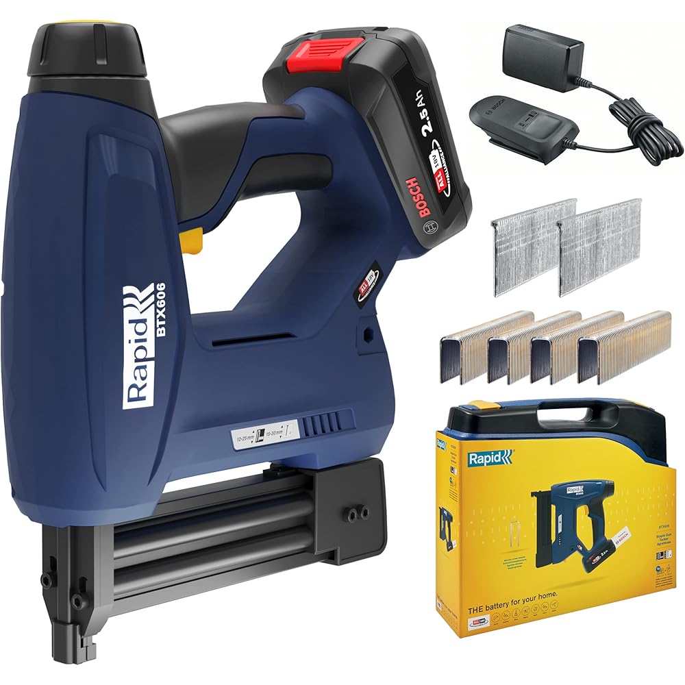 Rapid BTX606 - Agrafeuse Murale P4A 18V, Agrafeuse-Cloueuse électrique Sans Fil à Batterie, pour Agrafes à Couronne étroite & Pointes, Bois Dur & Tendre + Batterie 2,5 Ah, Chargeur, Malette : Bricolage