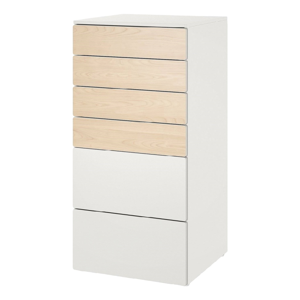 Commode haute 5 tiroirs – design bicolore bois clair et blanc, style moderne minimaliste
