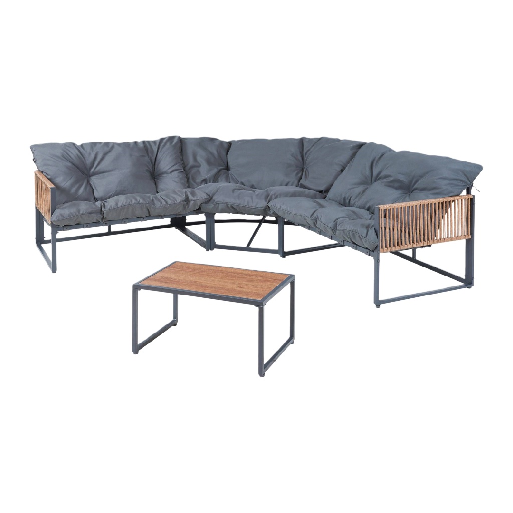 Salon de jardin d’angle 4 pièces, structure métal et accoudoirs effet corde, coussins gris foncé