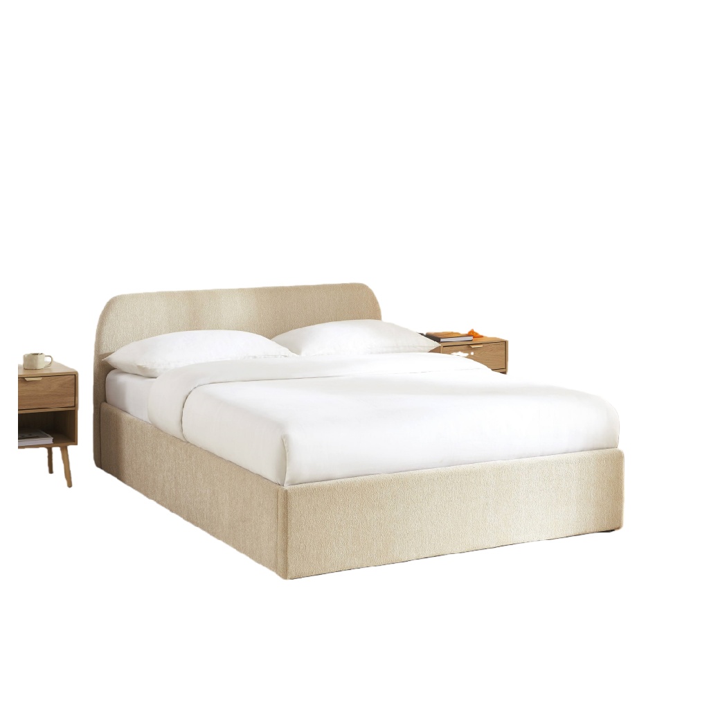 Lit rembourré en tissu beige clair — Tête de lit arrondie — Style contemporain doux