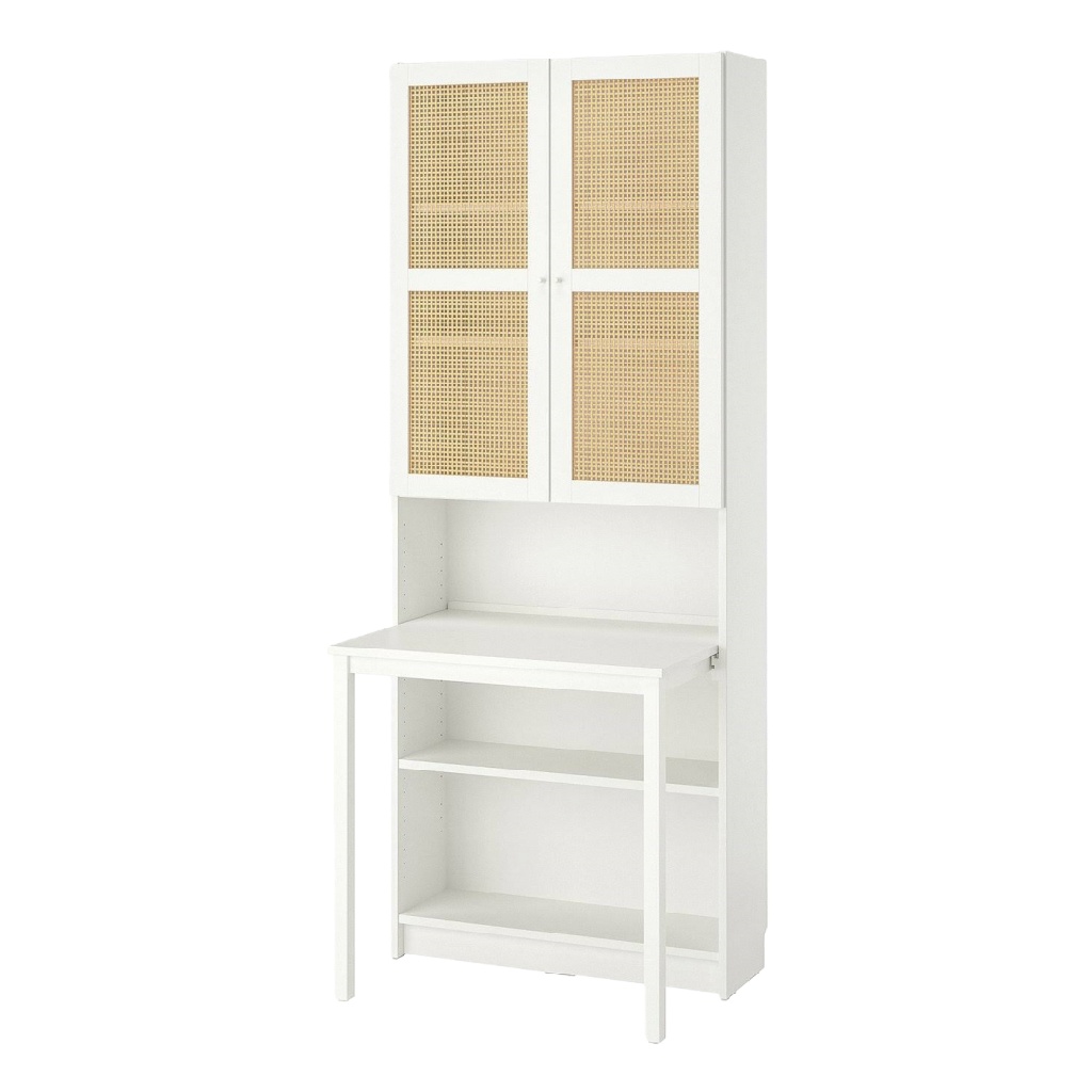 Secrétaire mural blanc avec portes en rotin – bureau escamotable et étagères – style scandinave
