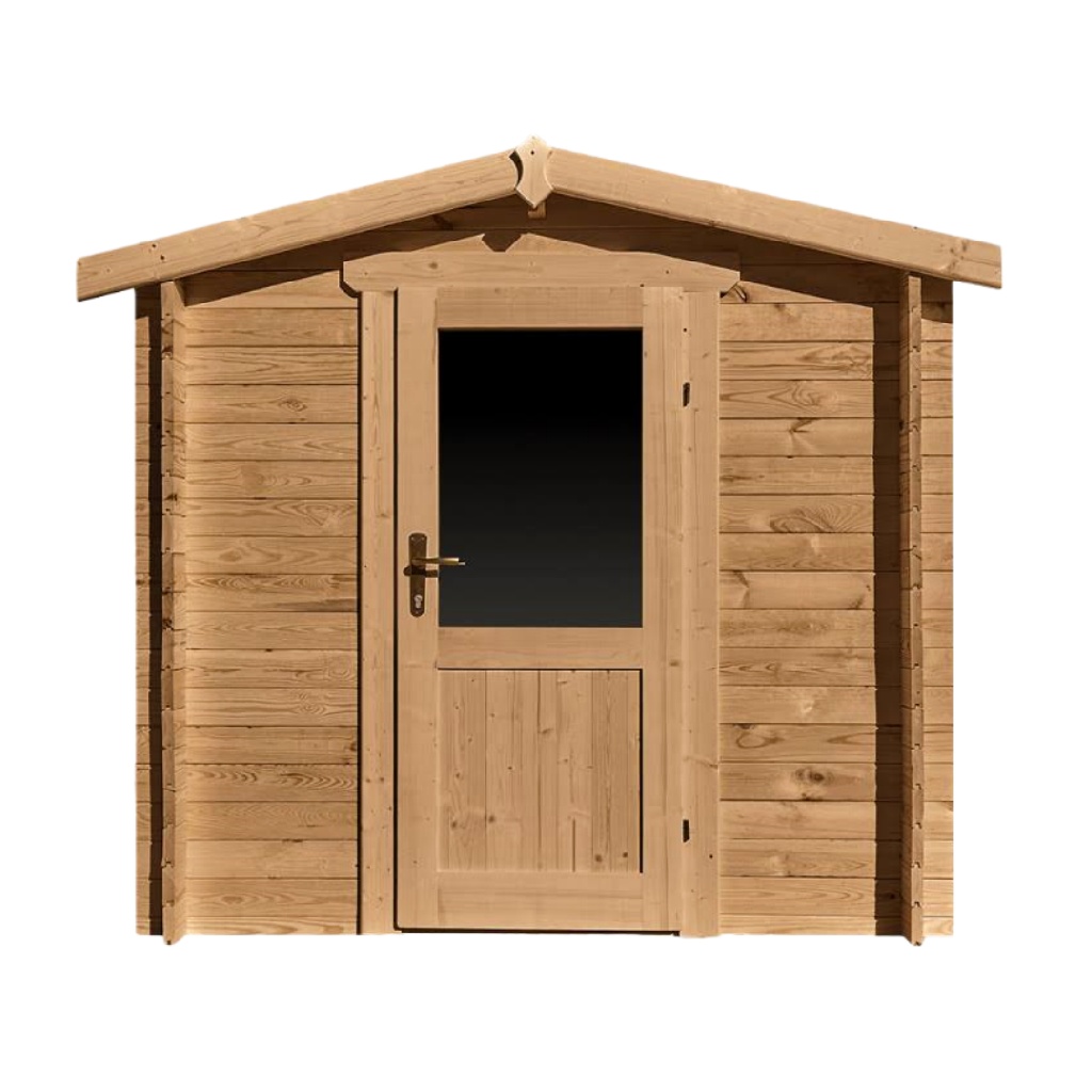 Abri de jardin en bois massif – toit à double pente – porte simple vitrée – couleur bois naturel