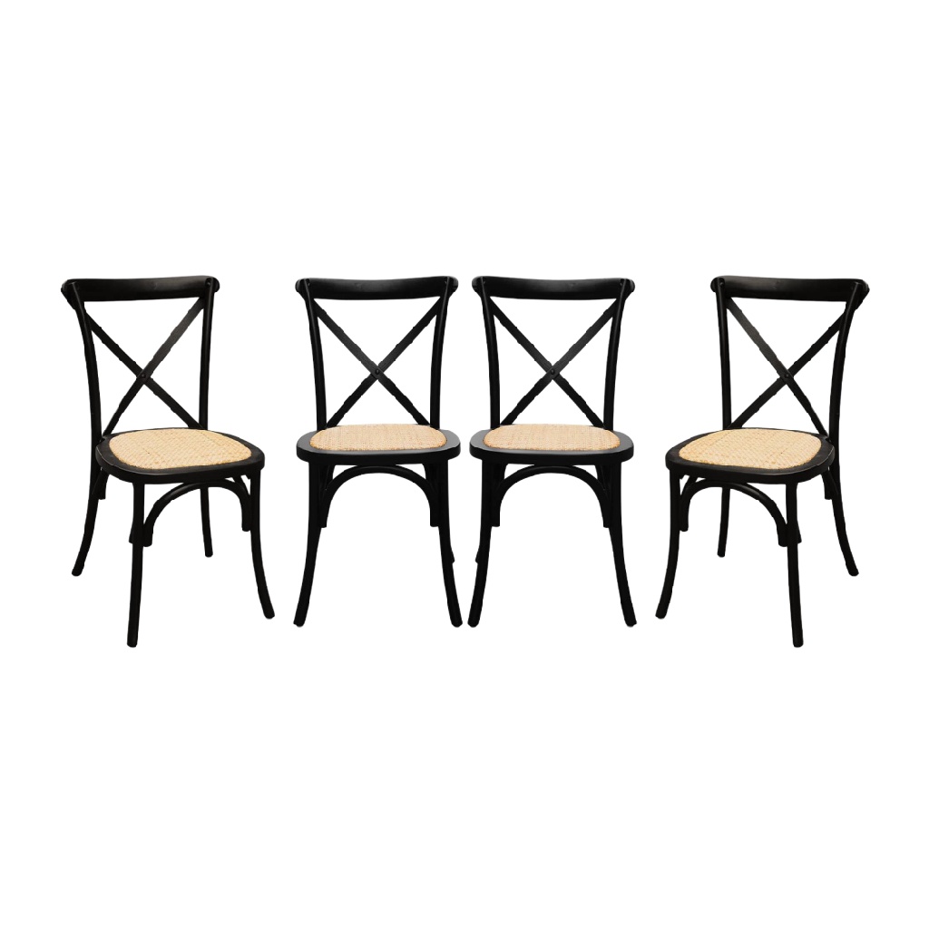Lot de 4 chaises bistrot en bois noir avec assise en rotin naturel – Style vintage