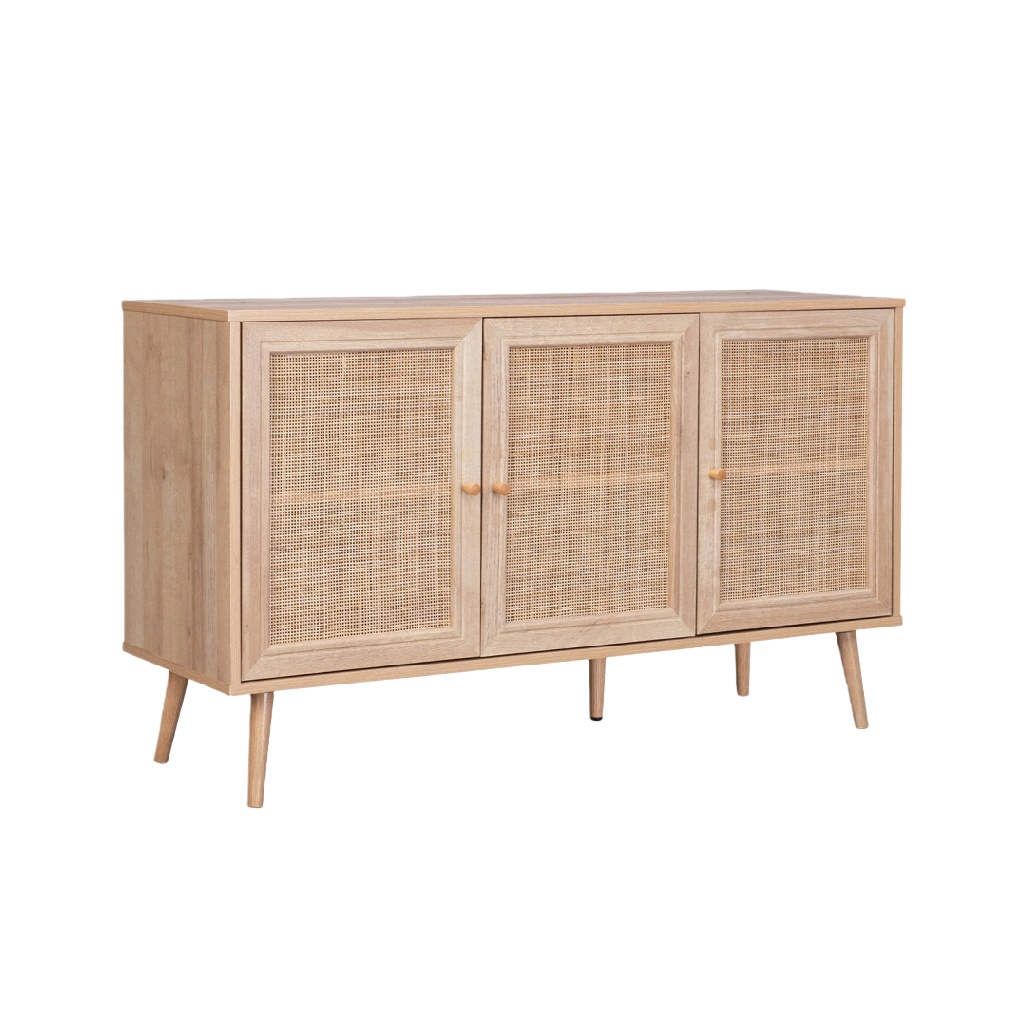 Buffet scandinave en bois naturel avec portes en rotin — 3 portes, design vintage et épuré
