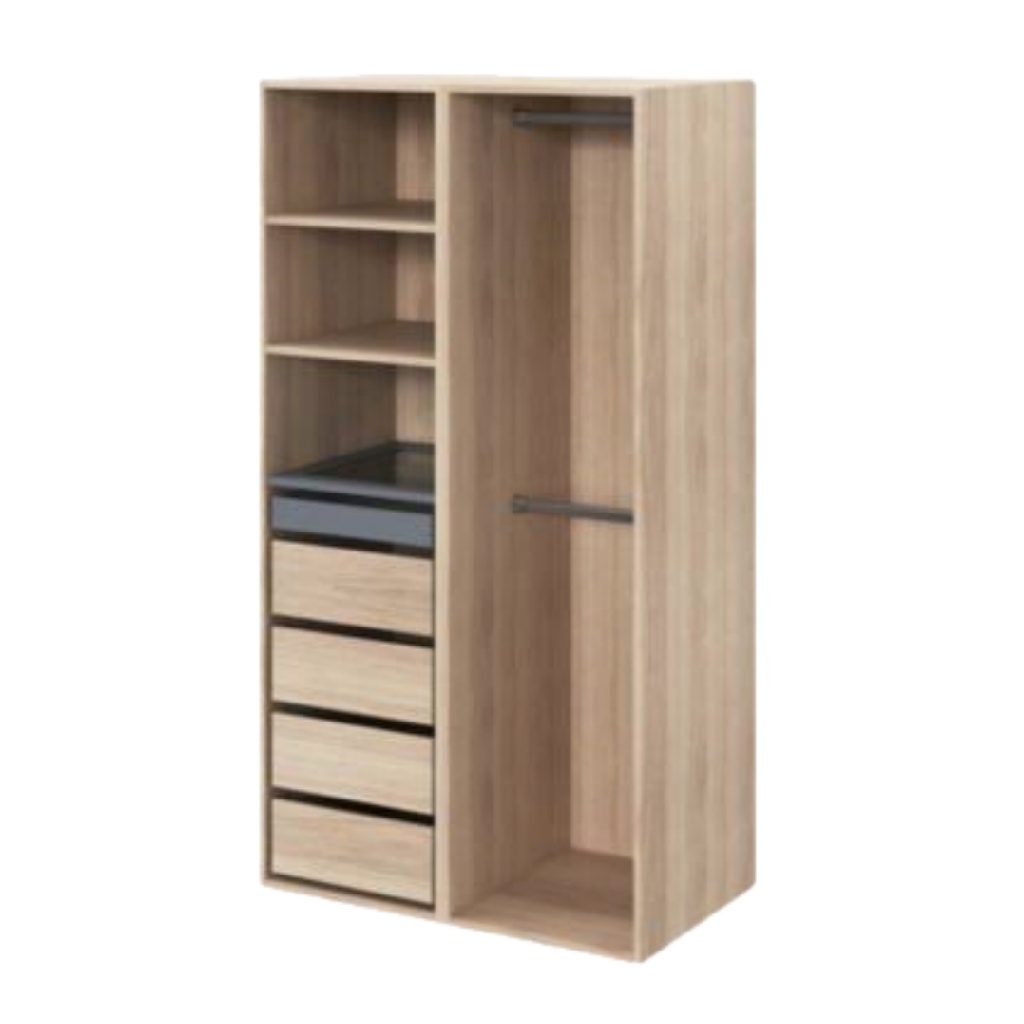 Armoire ouverte en chêne clair avec tiroirs et penderie – rangement modulable moderne