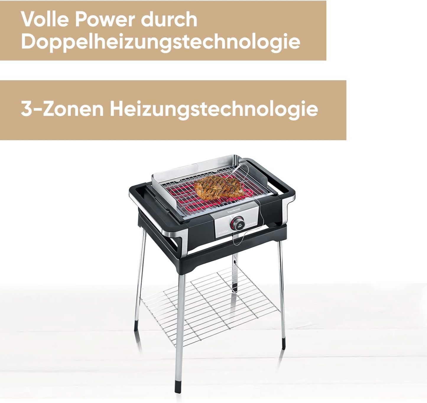SEVERIN SENOA DigitalBOOST S Elektrogrill mit Untergestell, Standgrill mit schnellem Grillstart bis 500 °C, Balkon Grill mit SafeTouch-Oberfläche, Edelstahl/Schwarz, PG 8118