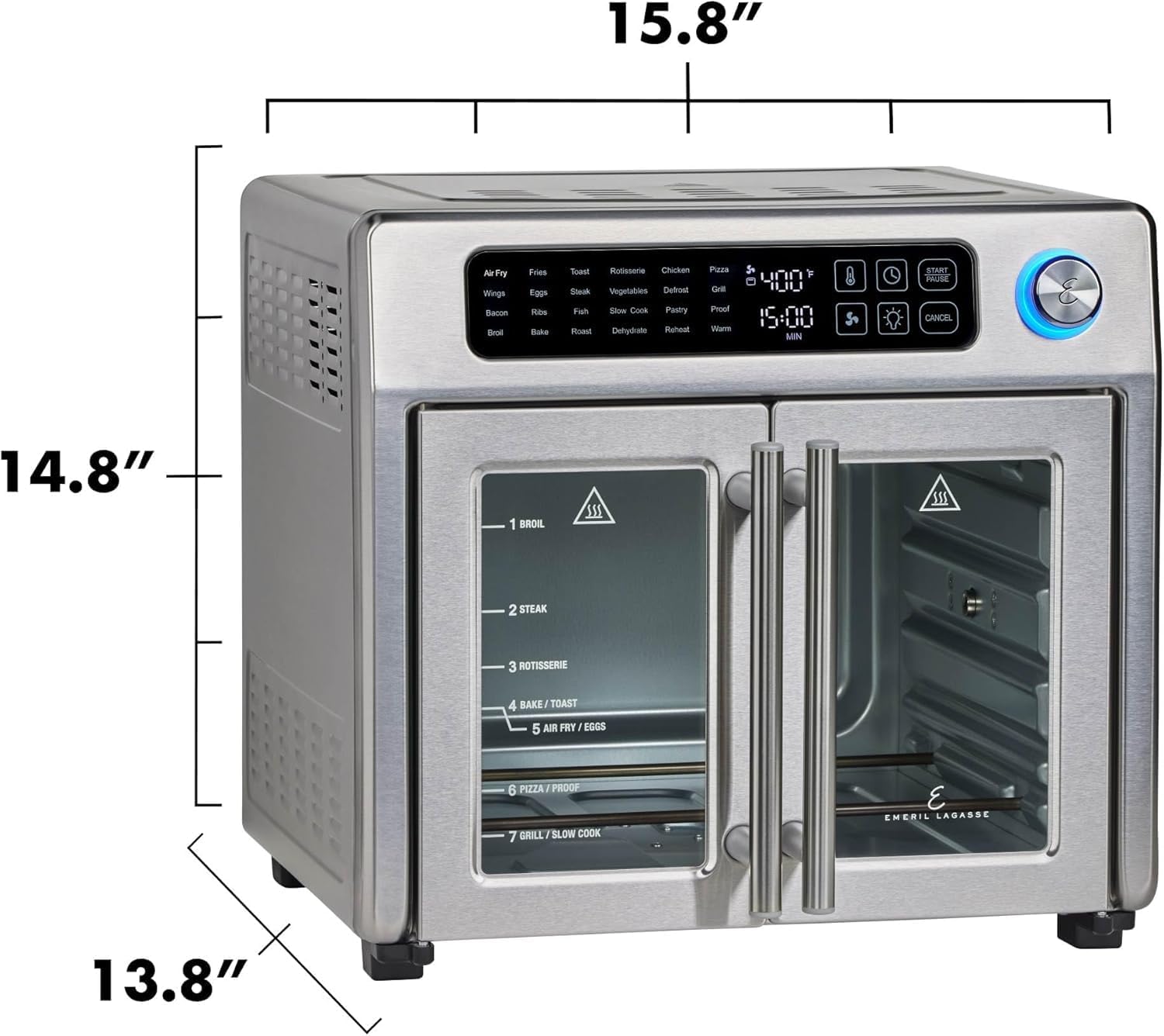 Emeril Lagasse Friteuse à air comprimé extra large, 24 fonctions de cuisson et commandes numériques, 7 accessoires inclus, finition en acier inoxydable, capacité de 26 l