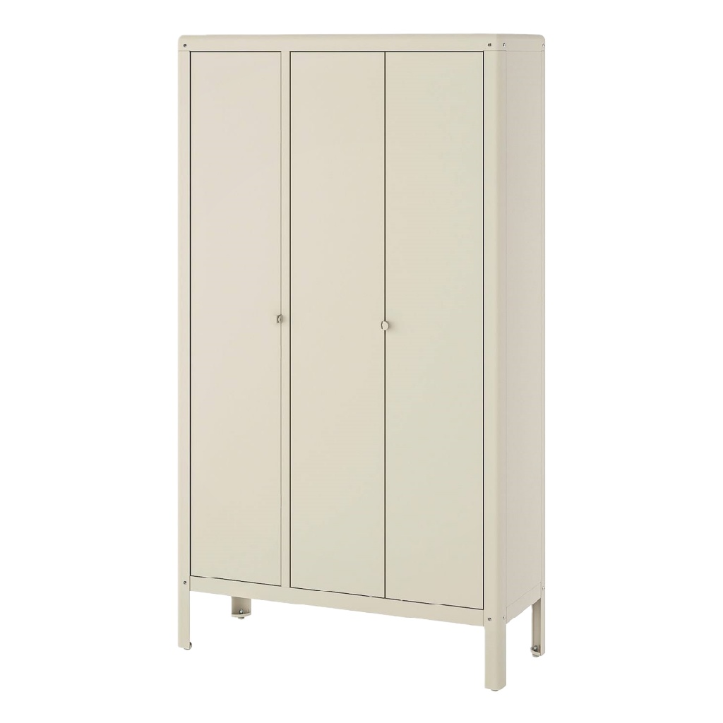 Armoire de rangement en métal beige à trois portes, meuble polyvalent pour bureau ou atelier