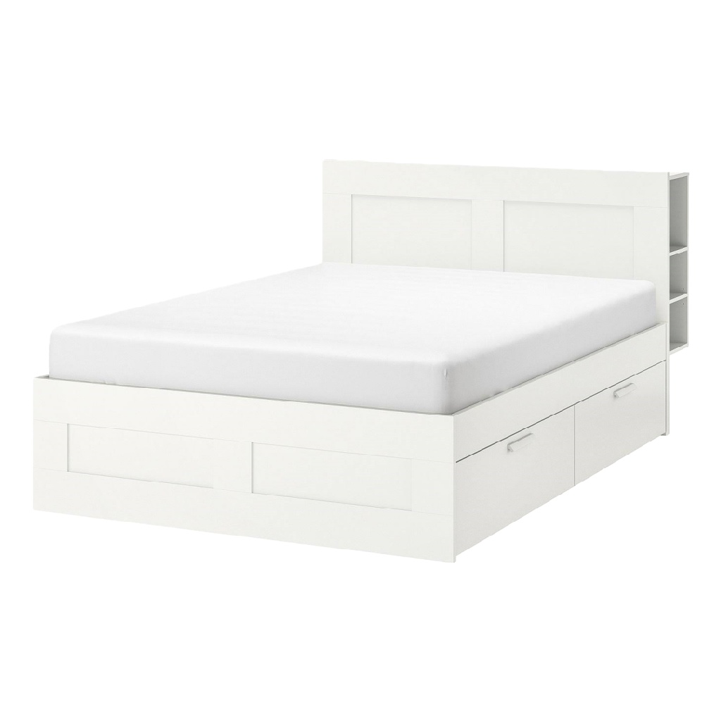 Lit avec rangement et tête de lit étagère — 4 tiroirs — Blanc