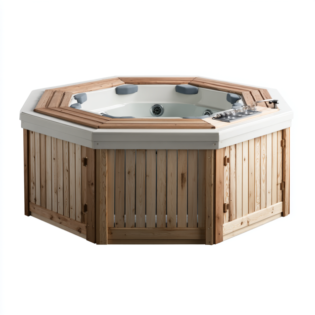 Spa extérieur hexagonal en bois avec jets hydromassants – 6 places – Maison Kersten