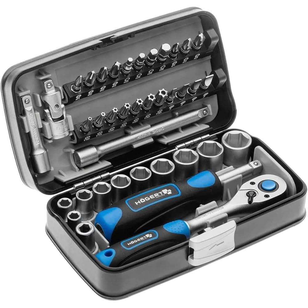 Högert HT1R462 Coffret à outils – Jeu de douilles tournevis à cliquet – Noir/bleu 1/4
