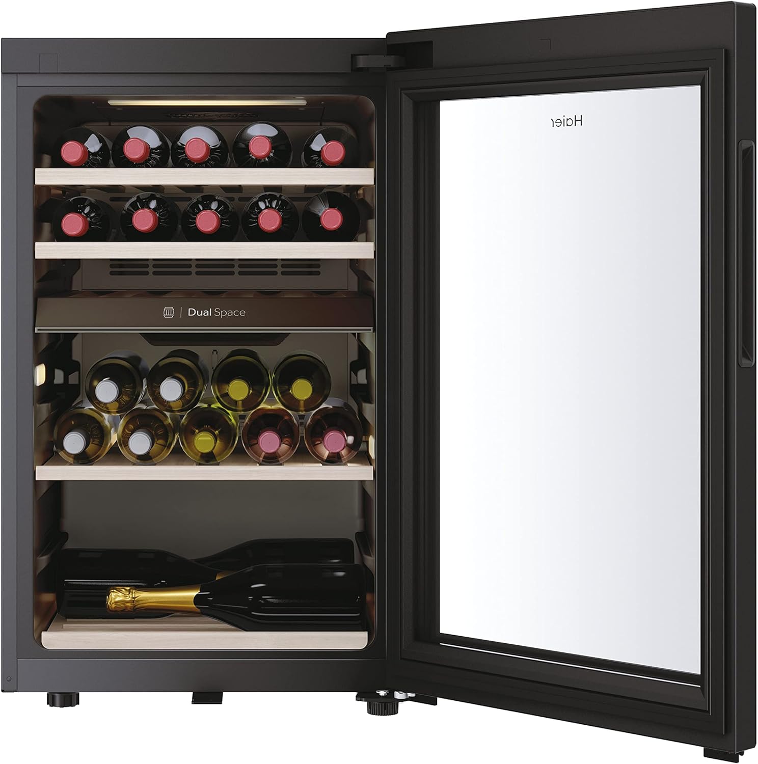 Haier HWS42GDAU1 Series 7 Cave à vin, 42 bouteilles, connectivité Wi-Fi, lumières LED et verre anti-UV, étagères en bois, 49,7 x 58,5 x 82 cm, noir