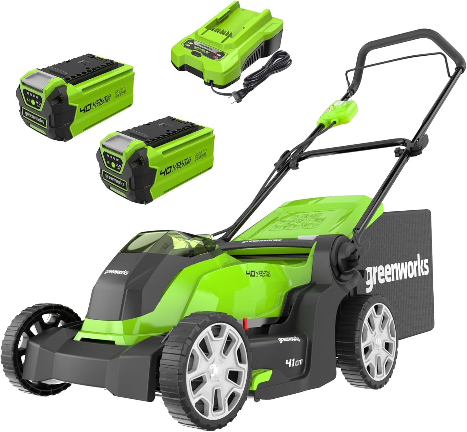 Greenworks G40LM41K2X Tondeuse à Gazon sans Fil pour Pelouses Jusqu'à 500m², Largeur de Coupe 41 cm, Sac de 50L, INCLUS Deux Batteries 40V 2Ah et Un Chargeur, Garantie 3 Ans