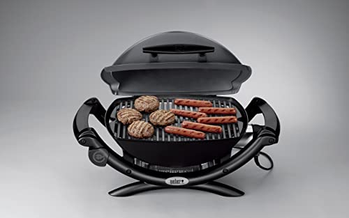 Weber Q1400 Barbecue électrique, surface de cuisson 43 x 32 cm, nomade, grille en fonte émaillée divisée en 2 parties, couvercle et cuve en fonte d’aluminium – Gris foncé (52020053)