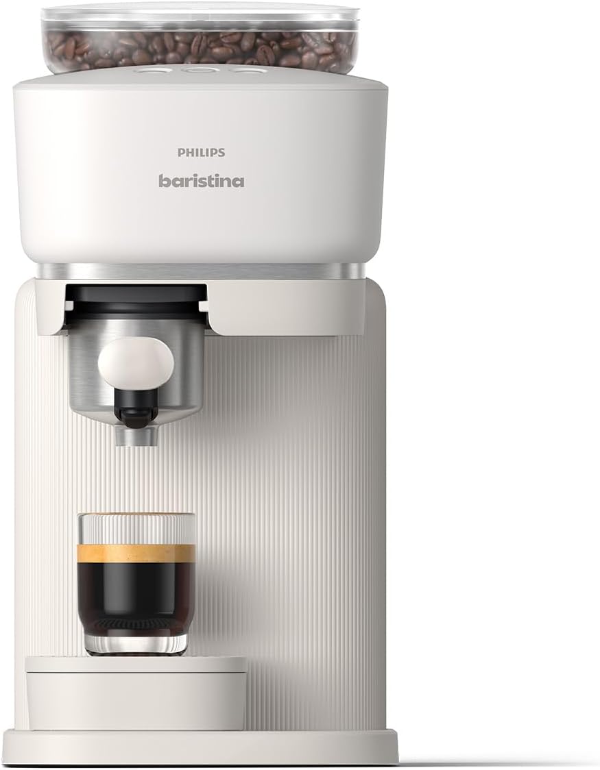 Philips Baristina Espressomaschine - Real Espresso- made simple. Kompakte Kaffeemaschine- Naturweiß mit weißem Siebträger- 16-bar-Pumpendruck- automatisches Mahlwerk- Cafe Crema (BAR300/00)