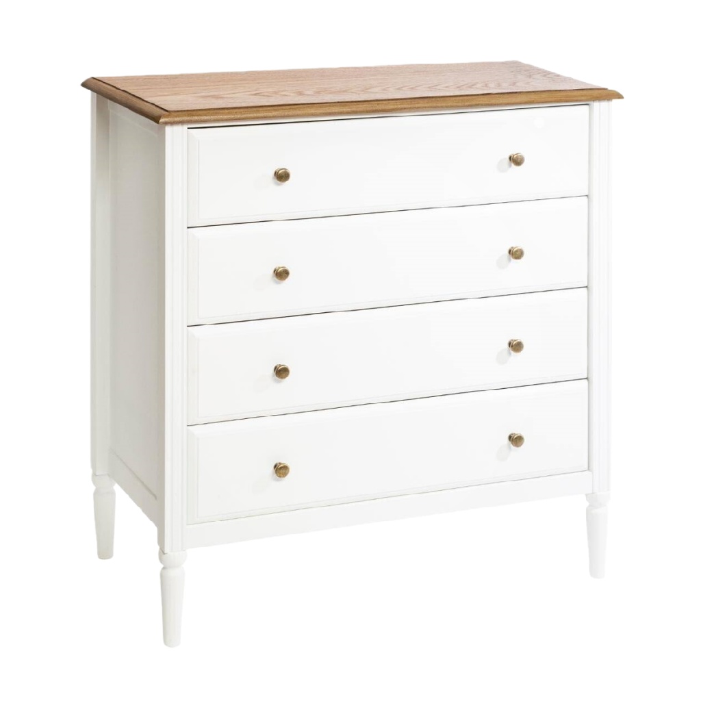 Commode 4 tiroirs en bois blanc avec plateau chêne – 85×90×45 cm, style classique français, garantie 2 ans