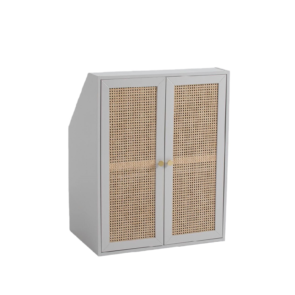 Petit meuble bas en rotin et bois gris – 2 portes battantes – style bohème chic – 90×35×100 cm